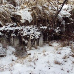 Zamrzlé prameniště na čele sesuvu u Čepiroh
